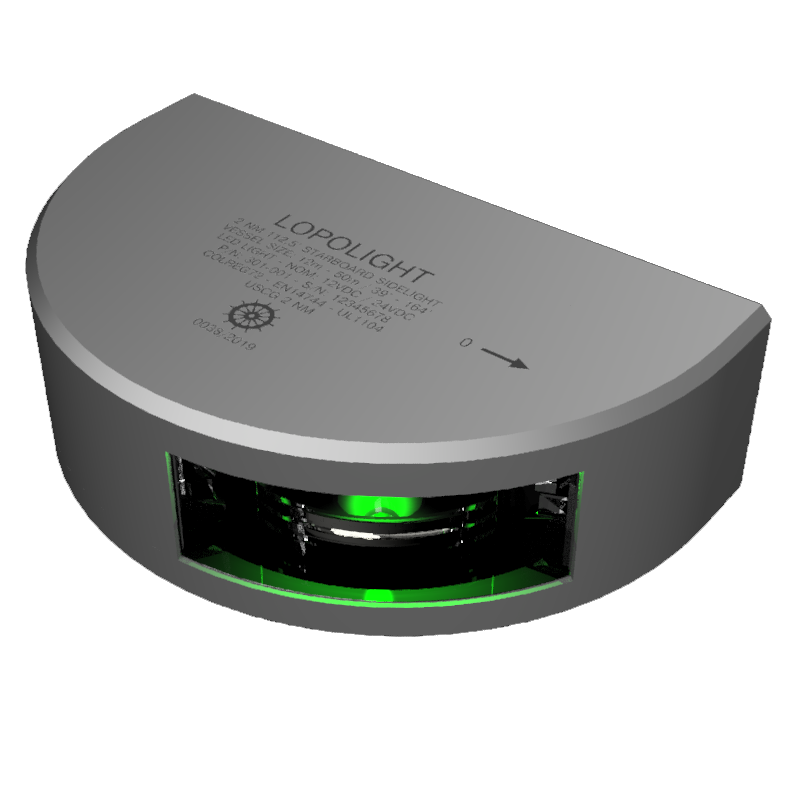 2nm 112,5° Green, Starboard, vert mnt, dimm, 2.5m 2nm 112,5° Green, Starboard, vert mnt, dimm, 2.5m
